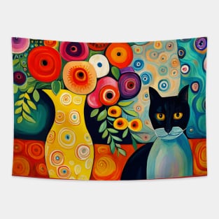 Black and Blue Cat in Still Life Painting with Flower Vase Tapestry
