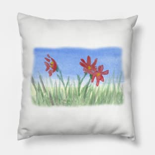 Three Red Flowers in Grass Pillow