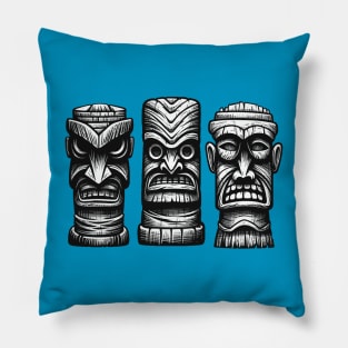 Three Tiki Statues (Grey Tones) Pillow