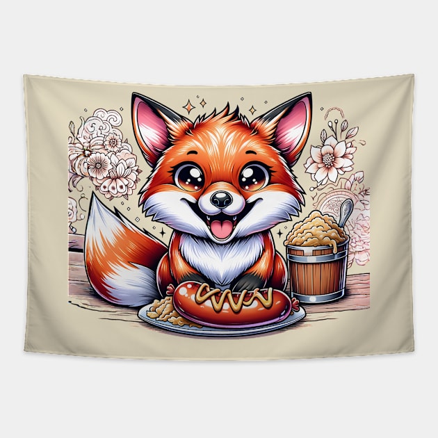 Cute Fox eating german food Tapestry by TaevasDesign