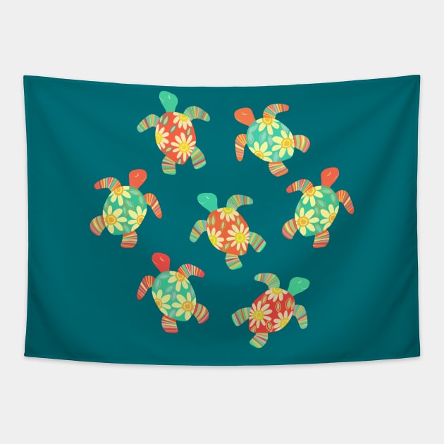 Cute Flower Child Hippy Turtles on Dark Tapestry by micklyn