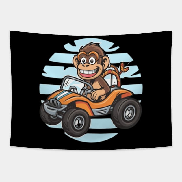 A carefree monkey joyfully driving a beach-themed dune buggy Tapestry by designe stor 