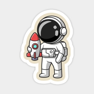 Cute Astronaut Holding Mini Rocket Cartoon Magnet