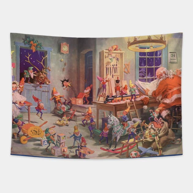 Vintage Christmas Santa Claus at North Pole Tapestry by MasterpieceCafe