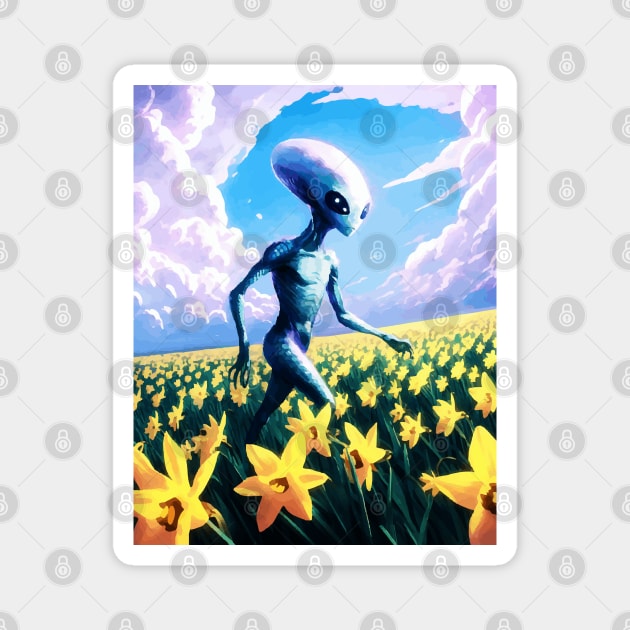 Alien walking through a vast field of yellow daffodils 4 Magnet by Megadorim