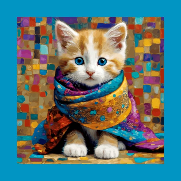 Gustav Klimt Style Tabby Cat Kitten with Colorful Scarf by bragova