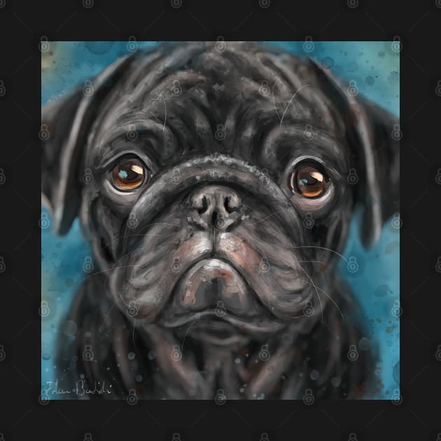 Contemporary Painting of a Young Black Pug with Gorgeous Innocent Expression on Blue Background by ibadishi