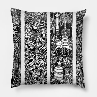 Forest Life Theme of Four Illustrative panels is a Composition of trees, leaves, vines, tribal people Pillow