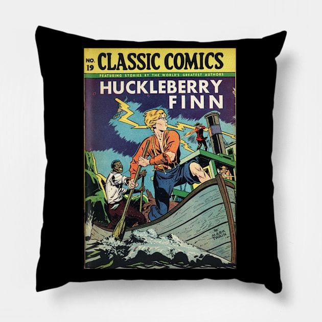 The Adventures of Huckleberry Finn Mark Twain Vintage Comic Book Cover Pillow by buythebook86