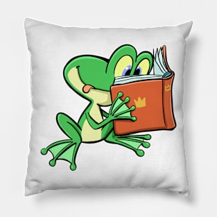 green frog reads fairy tales from a book Pillow