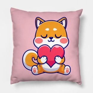 Cute Shiba Inu Dog Holding Love Heart Cartoon Pillow