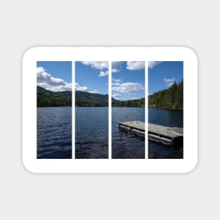 Pad on a wooden floating platform. Metal ladder to get out of the water of a beautiful fjord in Norway. Rippled sea. Sunny spring day. No people Magnet