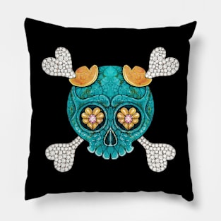 Cute skull and crossbones set with diamond pink sapphire rose gold and turquoise. Pillow