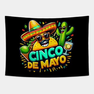 Funny Cinco De Mayo Cartoon Taco Wearing Sombrero,  Lime with Sunglasses and Dancing Cactus! Tapestry