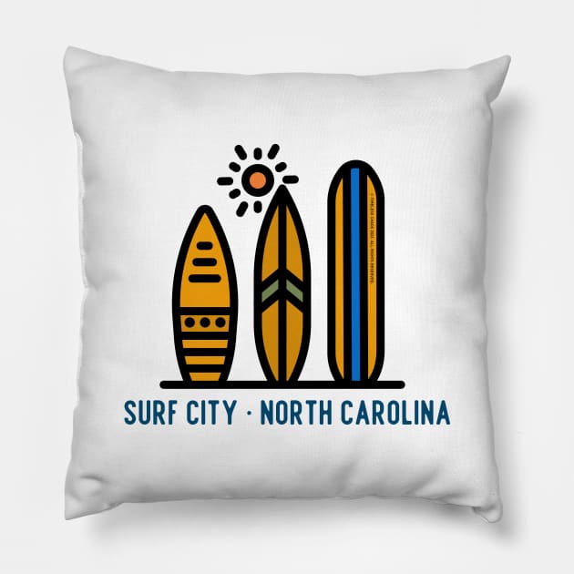 Surf City North Carolina Surfboards Pillow by Timeless Chaos