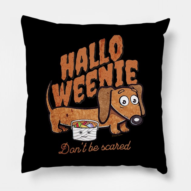 Funny Doxie Dog trick or treating on a scary night on Hallo Weenie Halloween Dachshund Pillow by Danny Gordon Art