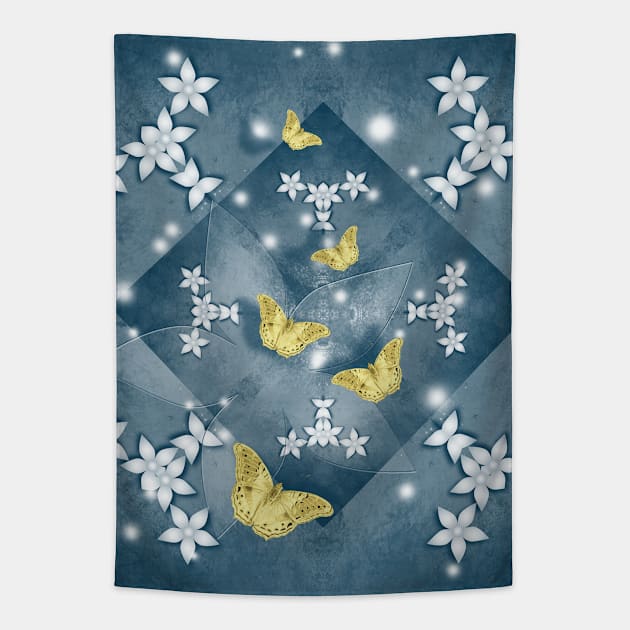 Gold butterflies and white flowers Tapestry by hereswendy