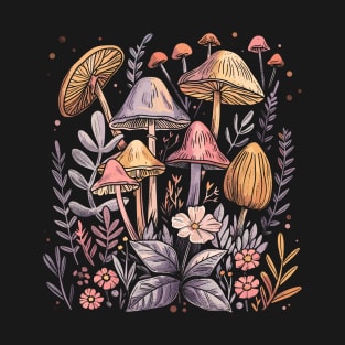 Botanical Cute Mushrooms And Flowers Garden Mycology T-Shirt