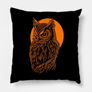 Orange Owl design in front of orange full moon. Pillow