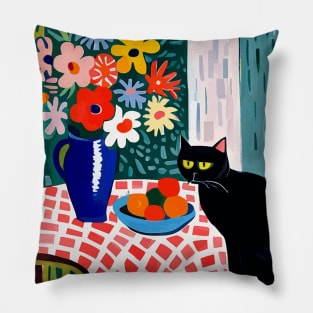 Black Cat in Still Life Painting with Flower Vase Pillow