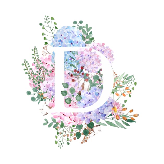 botanical monogram alphabet D hydrangea flowers by colorandcolor