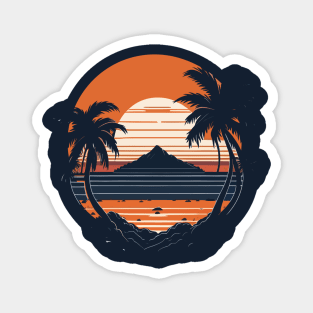 Retro Vintage sunset beach mountain ocean and palm Magnet