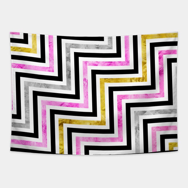Abstract Chevron Pattern Pink Silver Gold Black Tapestry by TLSDesigns