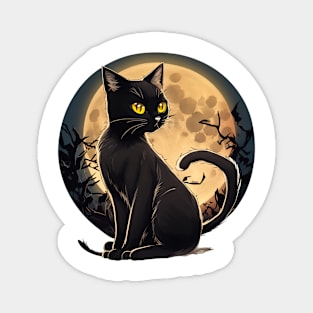Black Cat Sits Front Moon Magnet