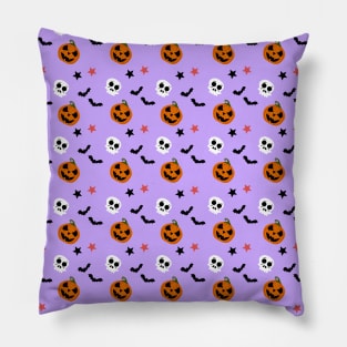 Halloween Cartoon pumpkin skulls and bats pattern on light purple Pillow