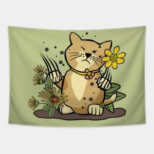 Angry Cat in Flower Garden Tapestry