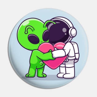 Cute Astronaut And Alien Hug Love Heart Cartoon Pin