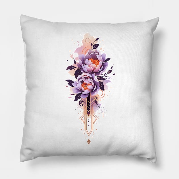 Blooming purple peonies watercolor tattoo Pillow by etherElric