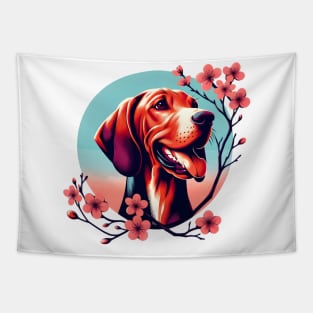 Redbone Coonhound Delights in Spring Cherry Blossoms Tapestry