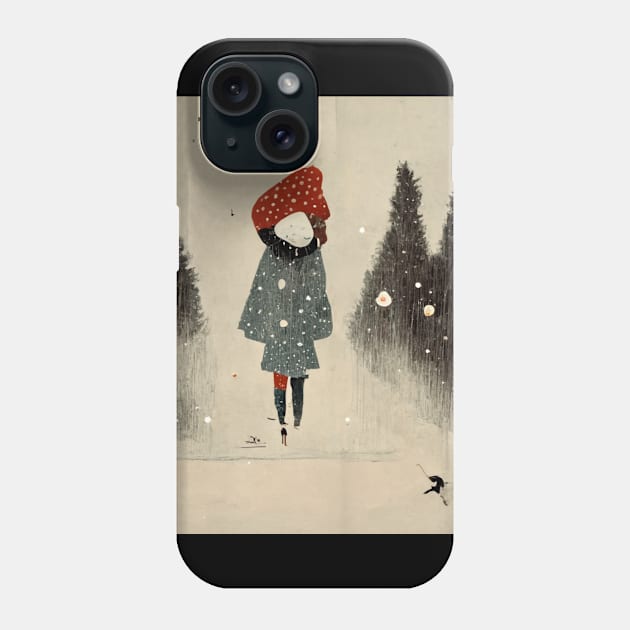 Image of girl in a big red toque walking in the snow as the flakes begin to fall. Phone Case by Liana Campbell