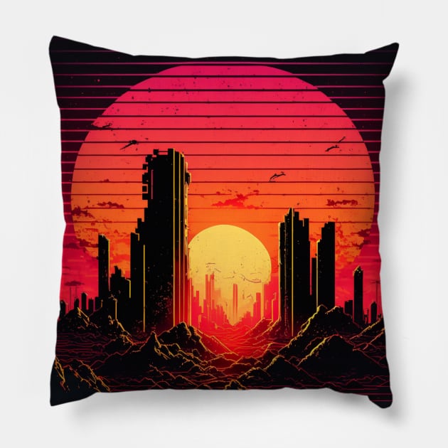 Retrowave Aesthetic 80s Synthwave Sunset Pillow by Nightarcade