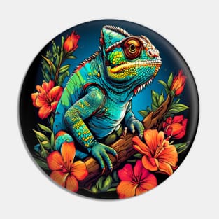 Chameleon Surrounded by Vibrant Spring Flowers Pin