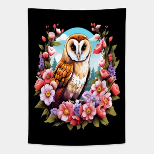 Cute European Barn Owl Surrounded by Bold Vibrant Spring Flowers Tapestry