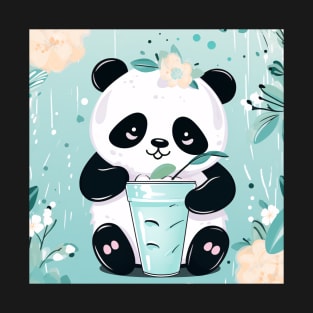 Panda with a chill beverage surrounded in cool green T-Shirt