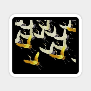 GOLD YELLOW WHITE FLYING CRANES IN BLACK Japanese Pattern Magnet