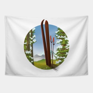 Retro cartoon ski travel logo Tapestry