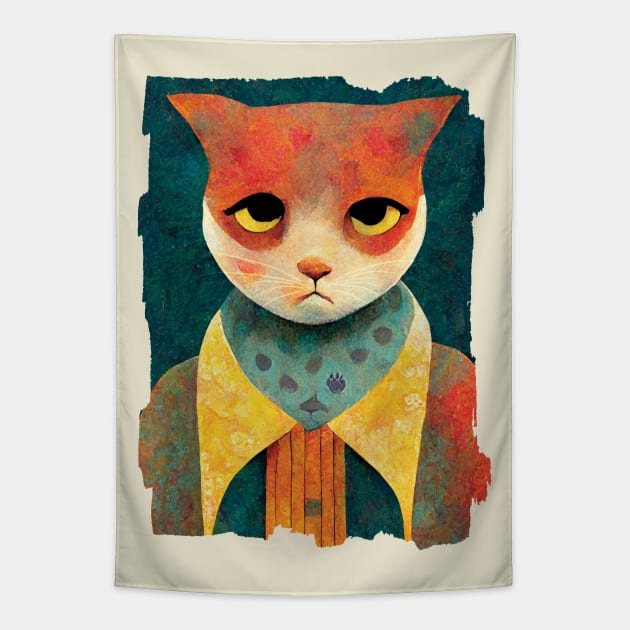 Portrait Illustration Of A Sad Ginger Cat Tapestry by TMBTM