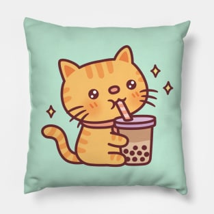 Cute Tabby Cat Drinking Bubble Tea Pillow
