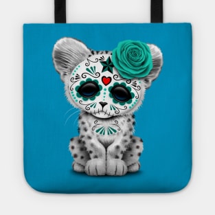 Blue Day of the Dead Sugar Skull Snow Leopard Cub Tote