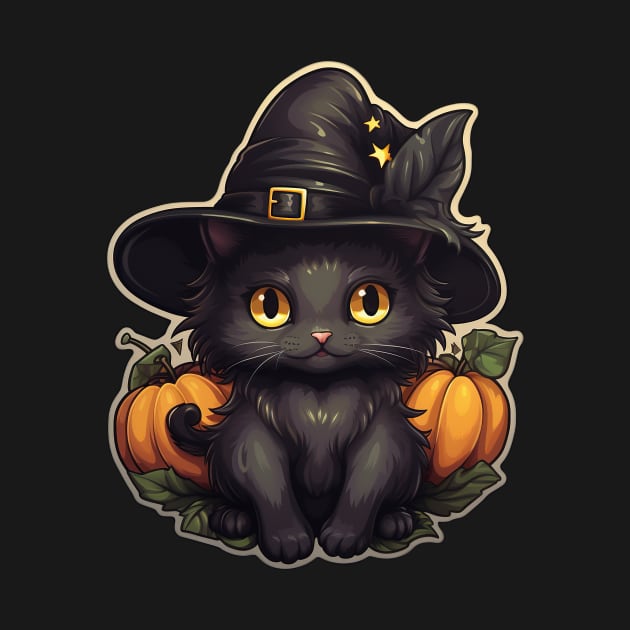 Black Cat In Witches Hat - Black Cats Spooky Halloween by fromherotozero