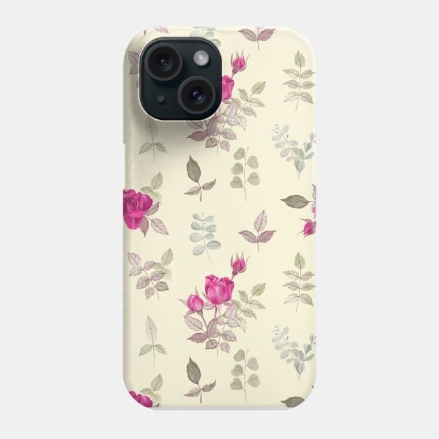 Purple Rosebuds and Leaves on Light Yellow Background (pattern) Phone Case by Flowersforbear