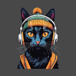 Cute Black Cat in a white  headphones T-Shirt