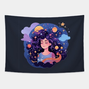 Woman with sweet dreams concept Young girl with galaxy and universe at hairs Tapestry