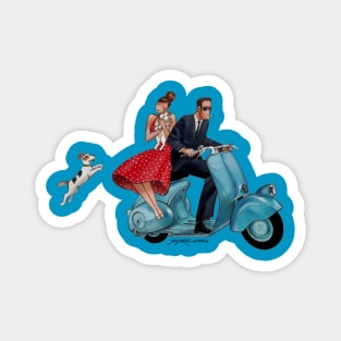 Scooter Couple and Dogs Magnet