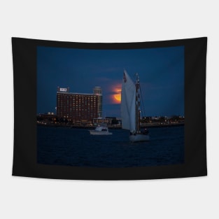 Boston Harbor Sailing in front of the moon Full Moon Tapestry