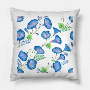 Morning Glory watercolor flowers ornament. Spring blue romantic flowers seamless pattern Pillow